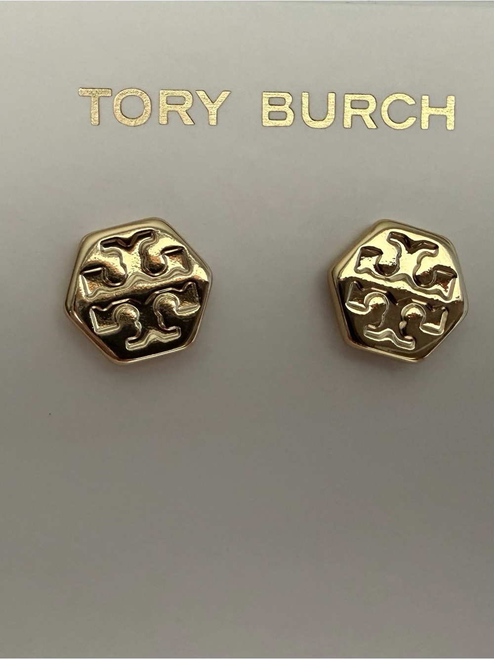 Tory Burch Gold Hexagon Logo Stud Earrings